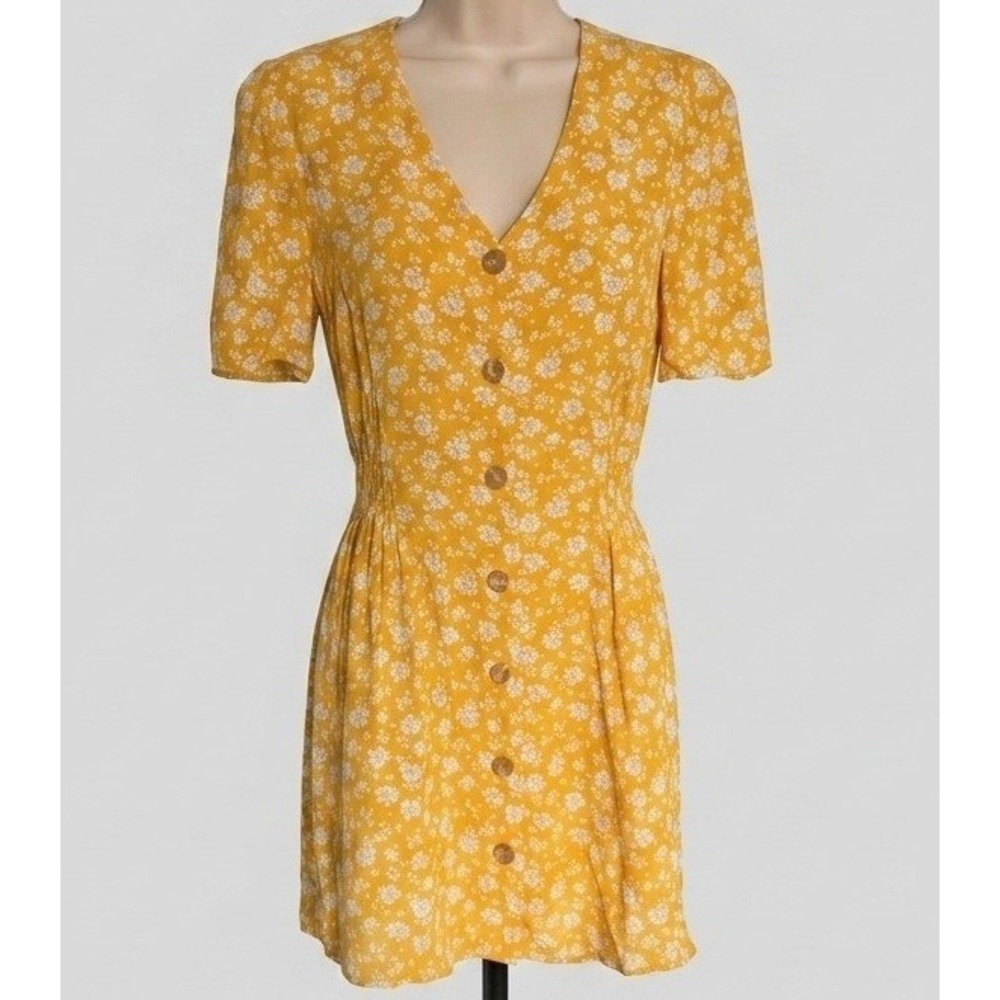 Abound Mustard Yellow Floral Button Front Mini Dress V-Neck Smocked Waist Small